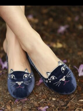 Charlotte Olympia Navy Velvet Kitty Loafers with Metallic Trim